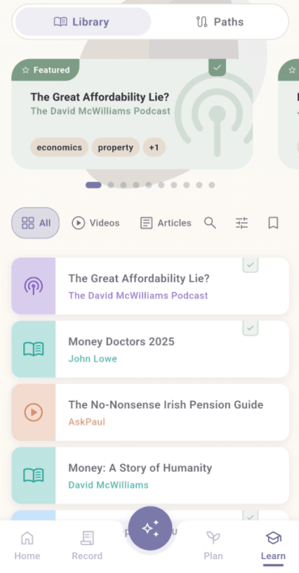 Cozzy financial education hub with podcasts, books, and articles