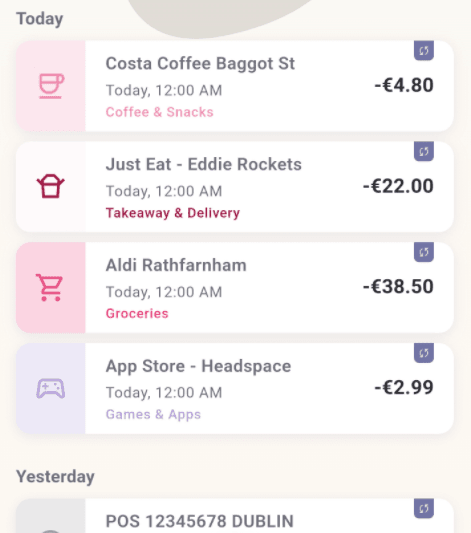Cozzy app transaction list with automatic categorisation and colour-coded spending