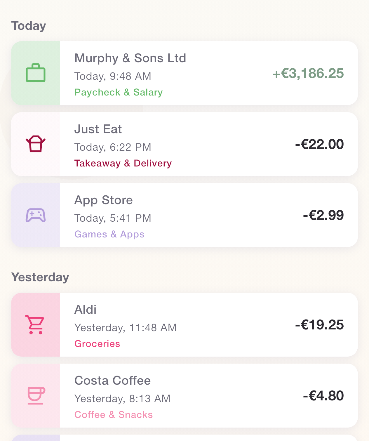 Recent transactions grouped by Today and Yesterday with category tags