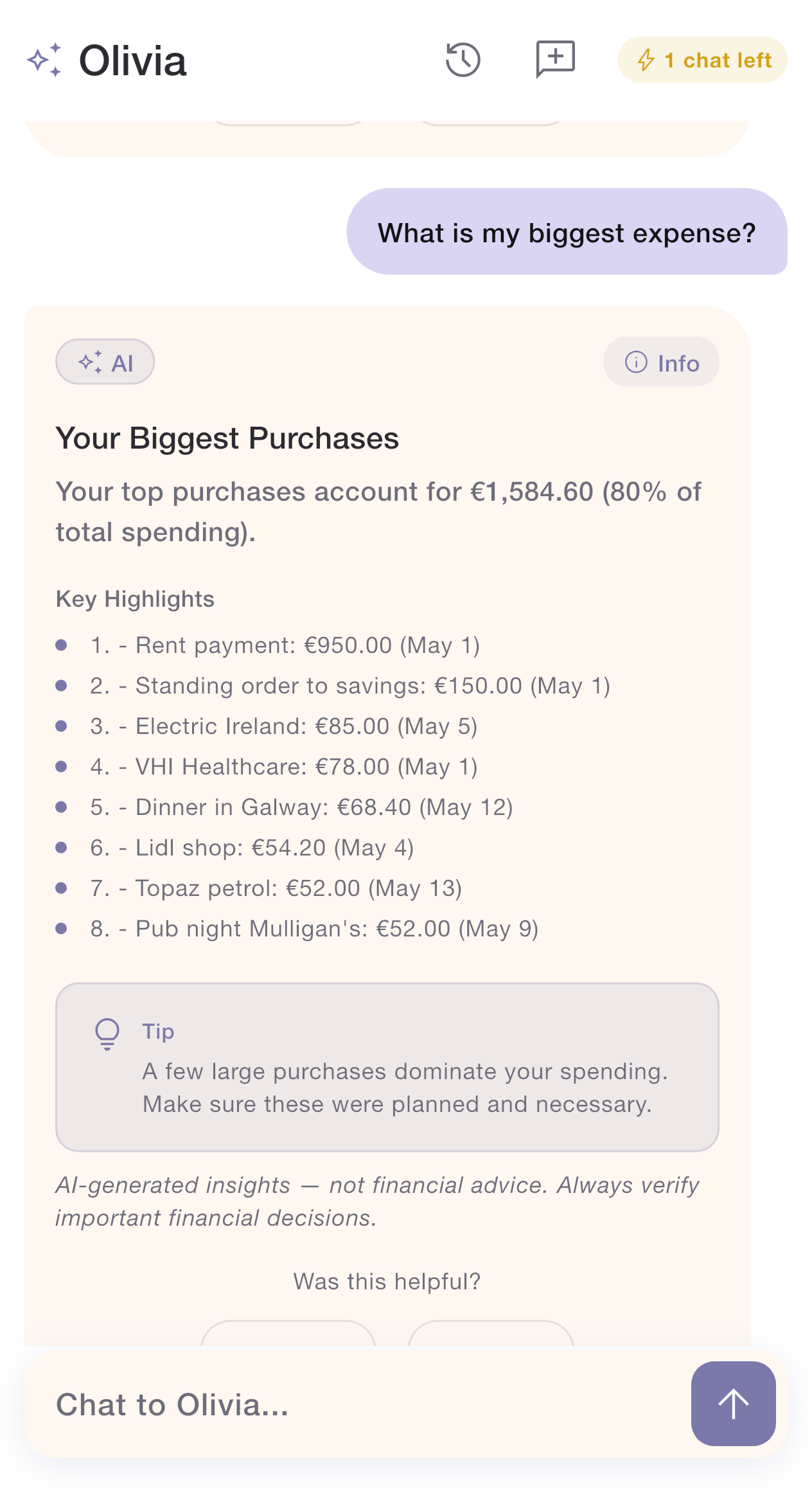 Olivia AI chat answering 'What is my biggest expense?' with a ranked list