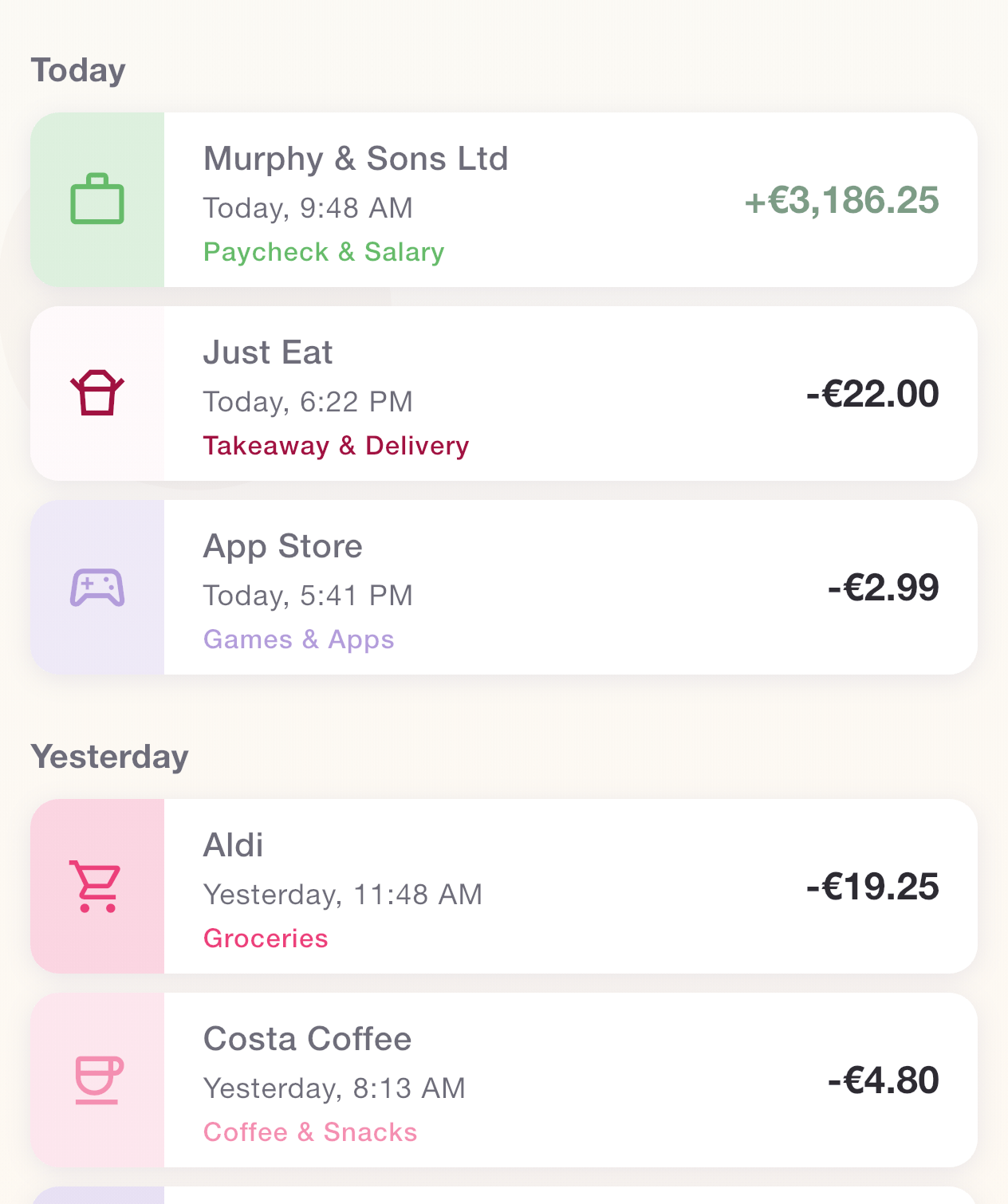 Recent transactions grouped by Today and Yesterday with category tags
