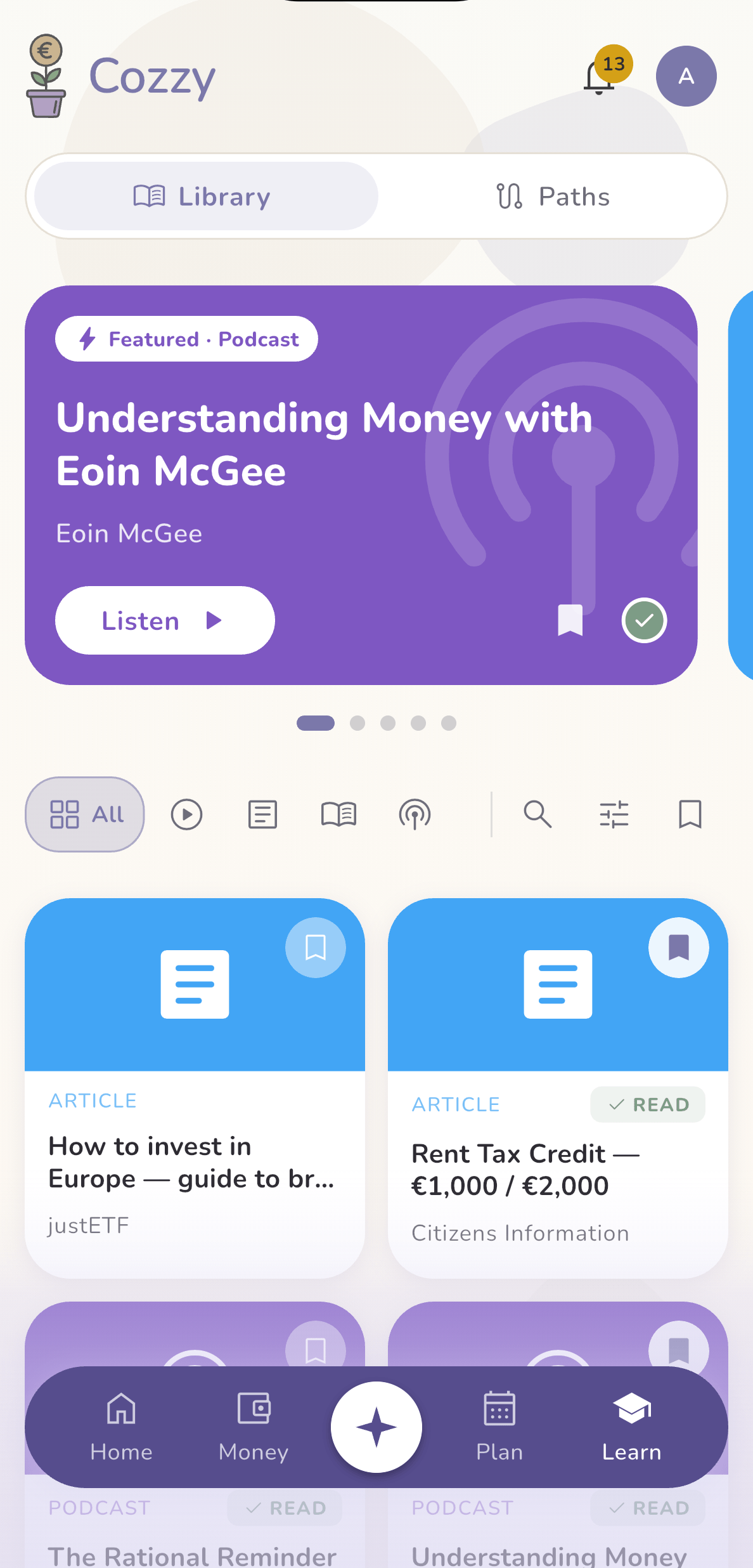 Cozzy Learn library featuring curated finance books and articles