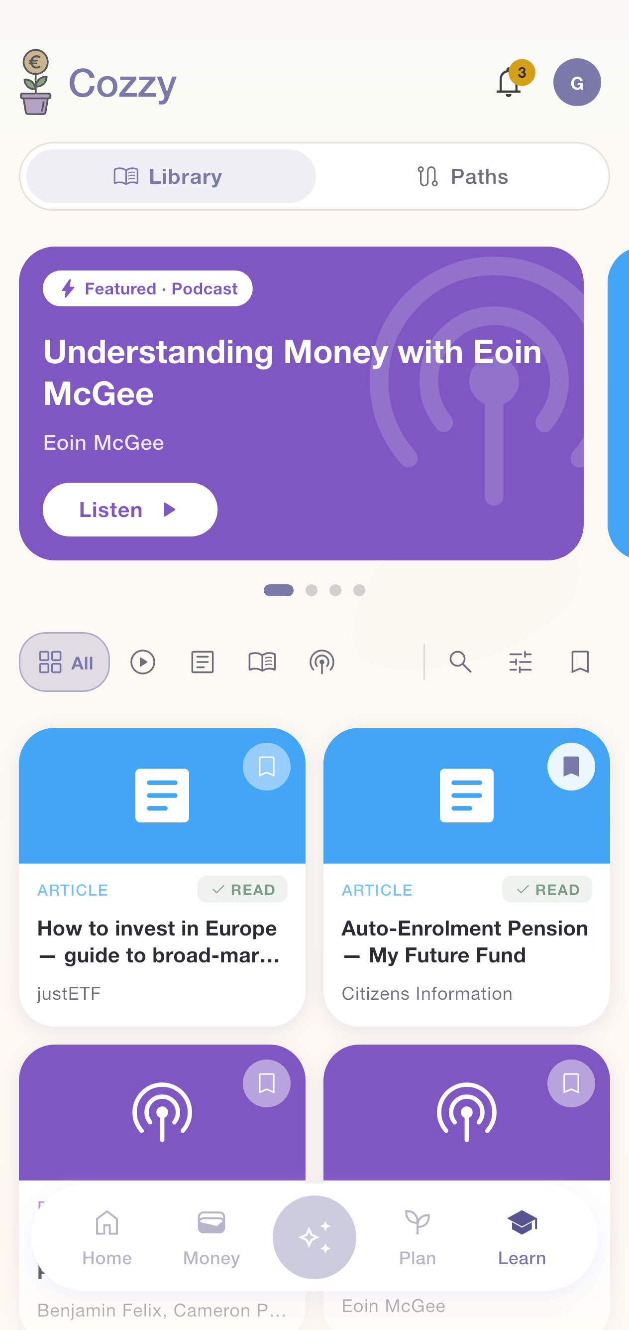 Cozzy Learn library featuring curated finance books and articles
