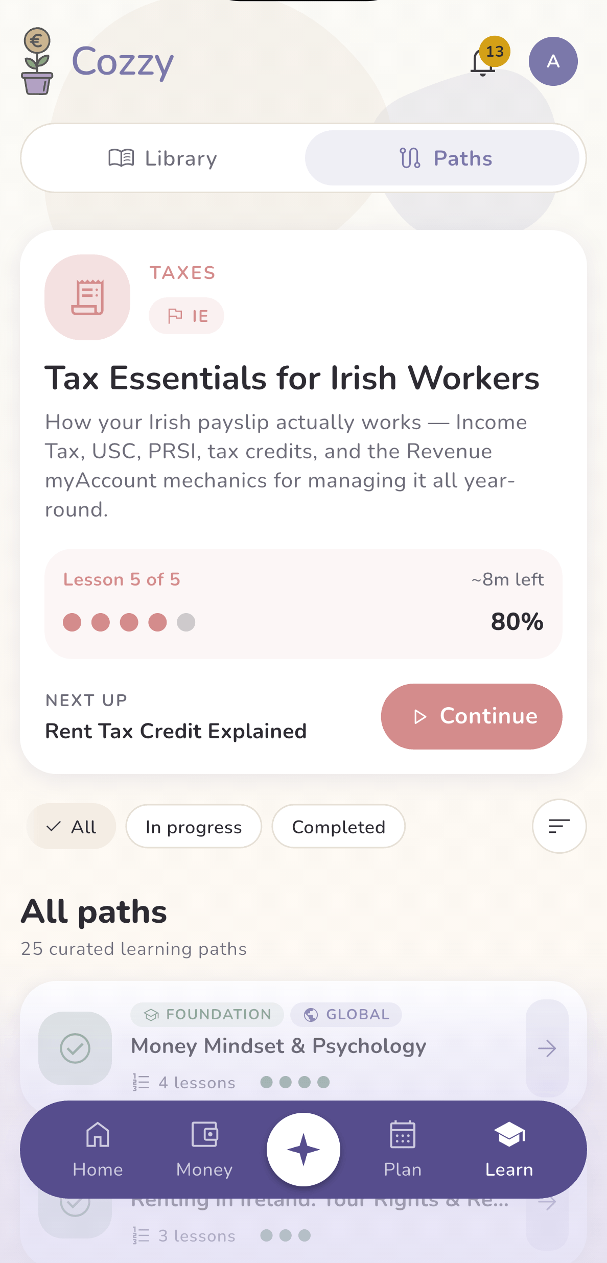 Cozzy learning paths showing a Money Foundations course in progress