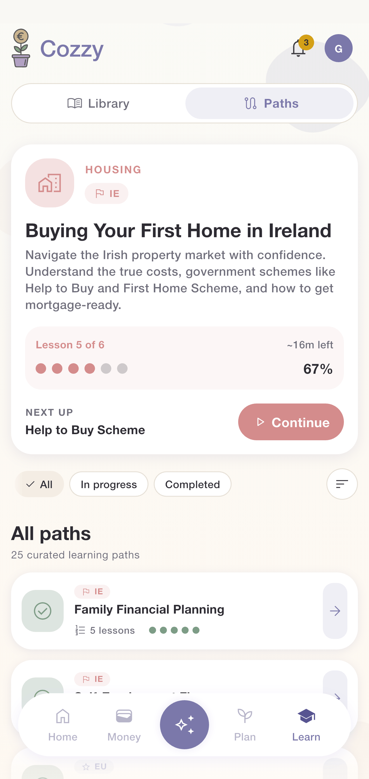 Cozzy learning paths showing a Money Foundations course in progress