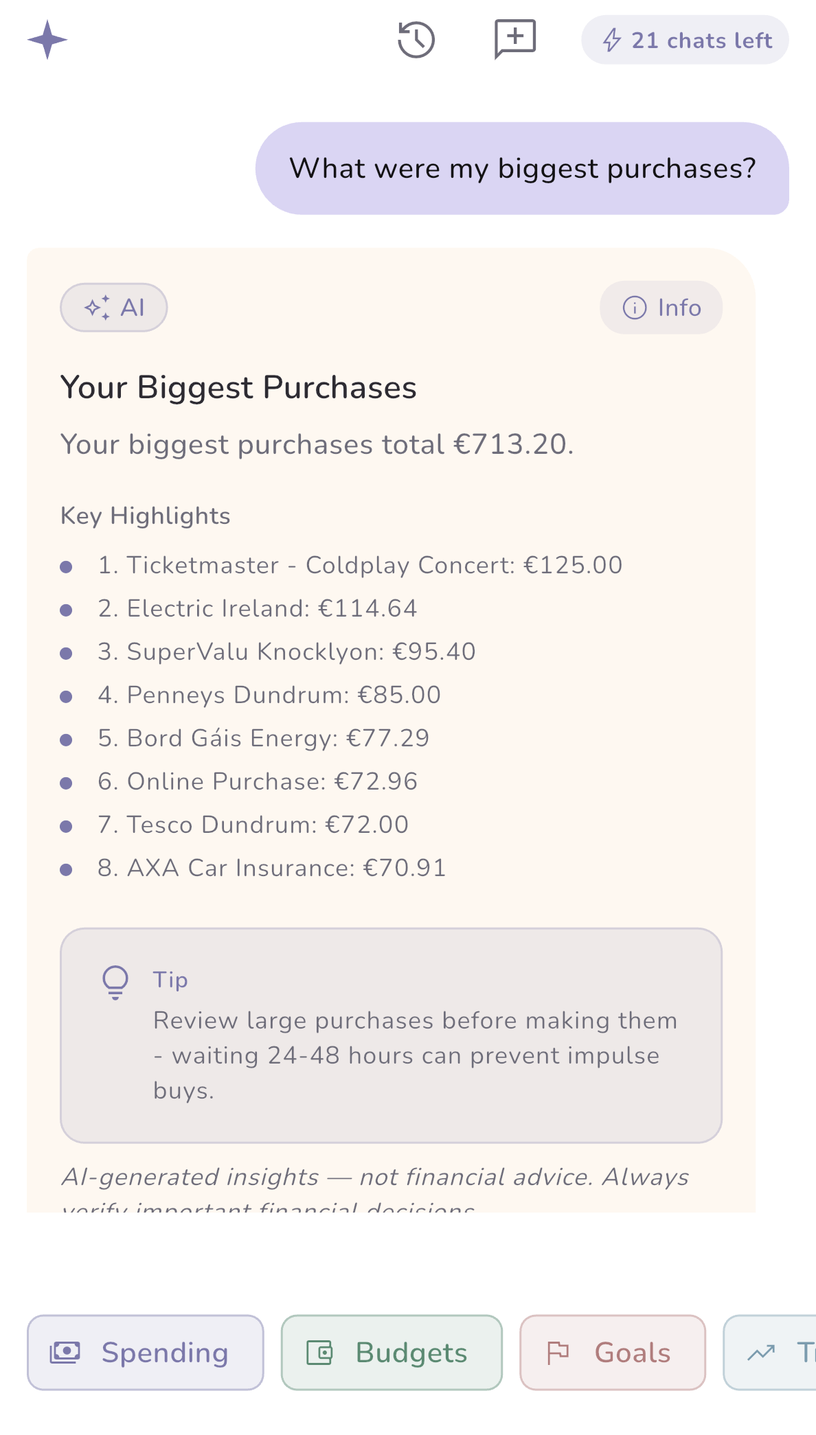 Cozzy AI Coach answering 'What were my biggest purchases?' with a ranked list