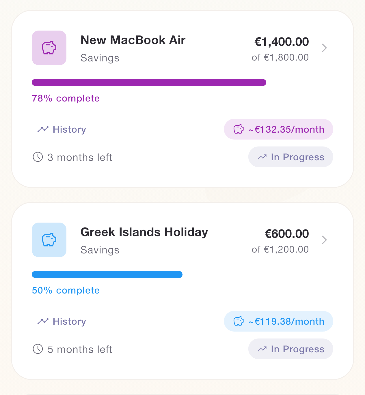 Savings goals showing MacBook Air and Greek Islands Holiday progress