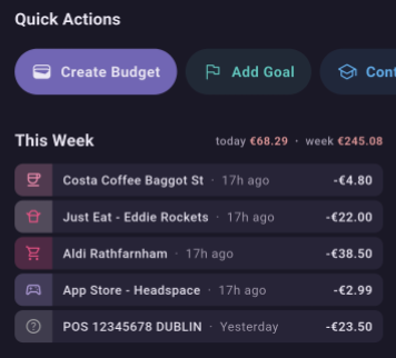 Cozzy app in dark mode showing quick actions and weekly spending