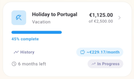 Savings goal tracking holiday to Portugal at 45% complete