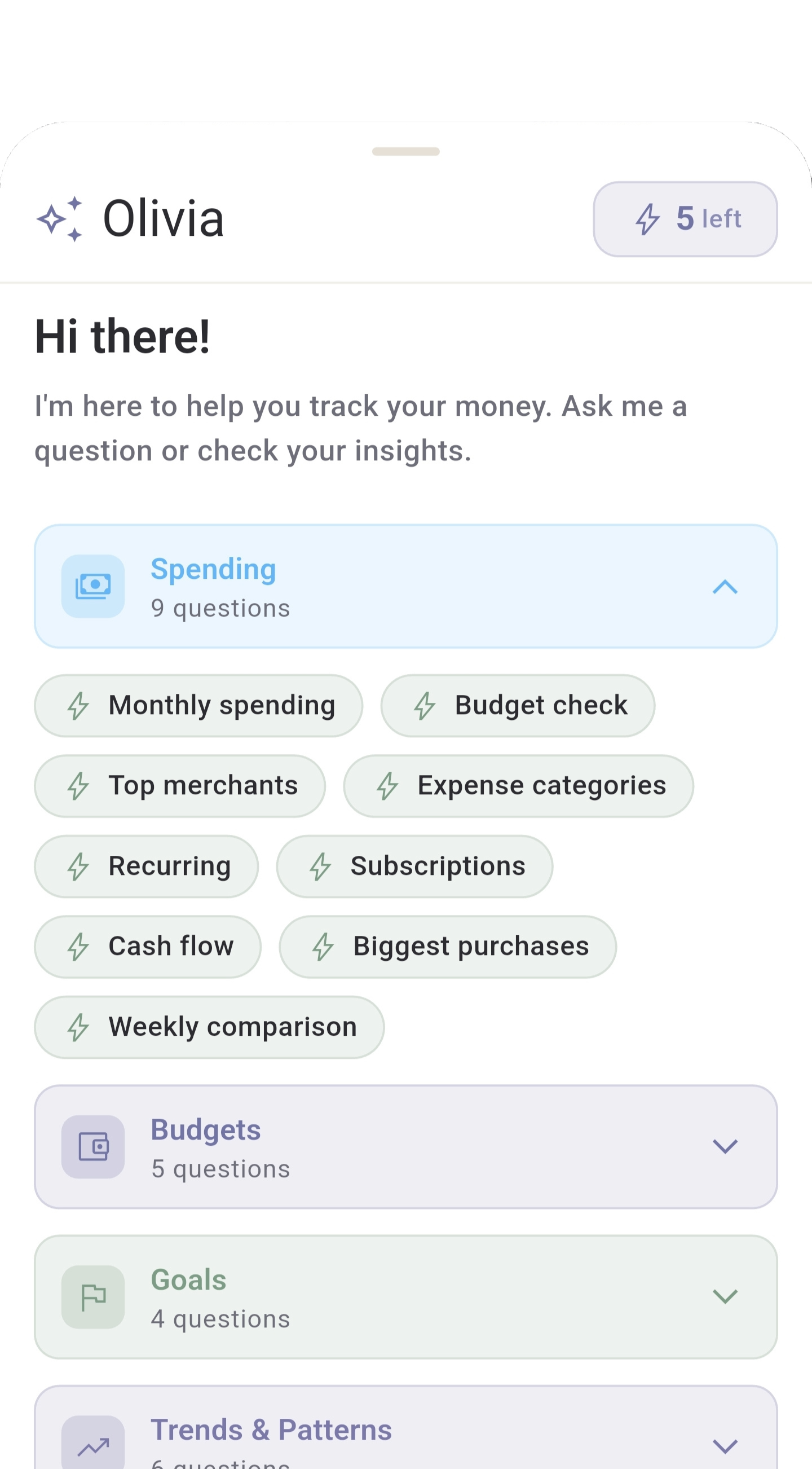 Olivia AI assistant offering personalised financial questions and insights
