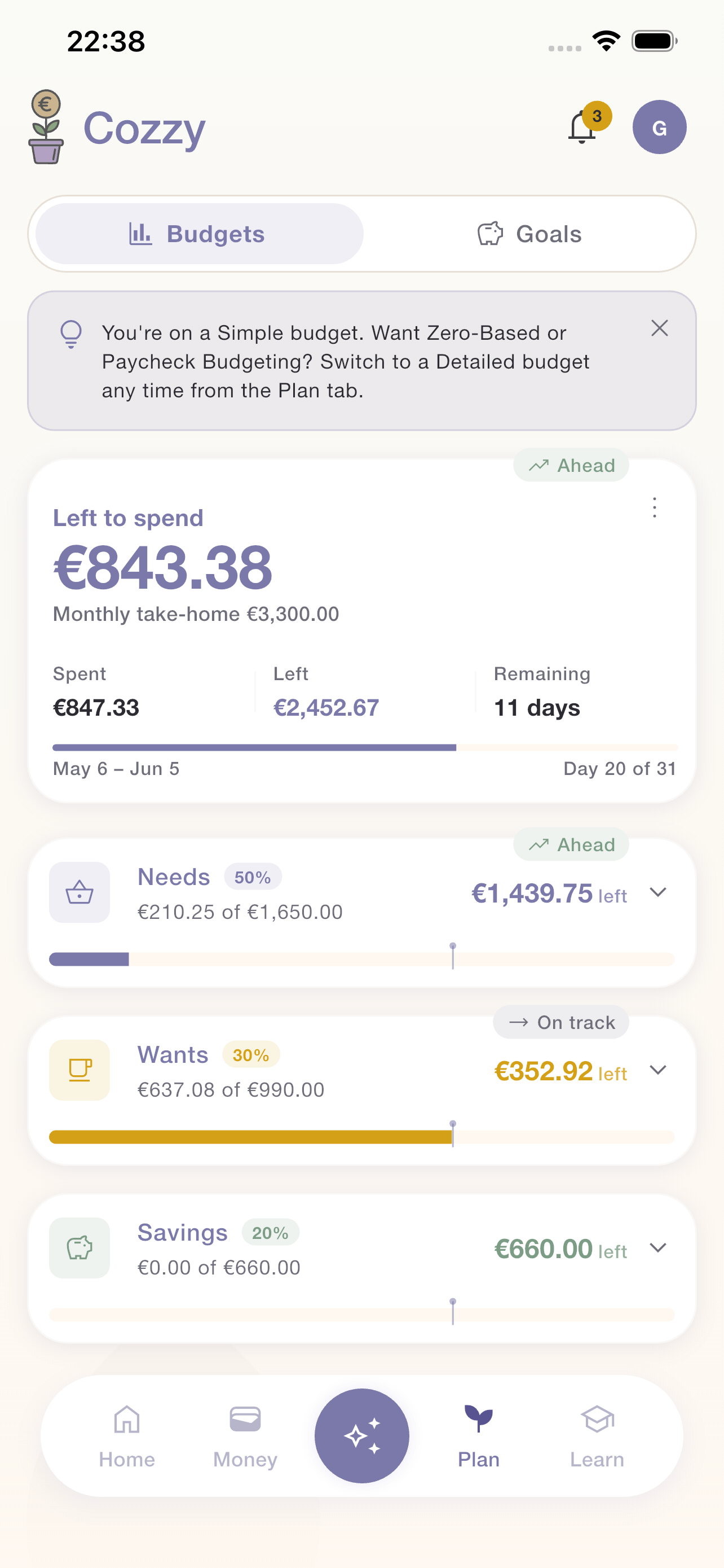 Cozzy budget tracker showing category spending limits and progress bars