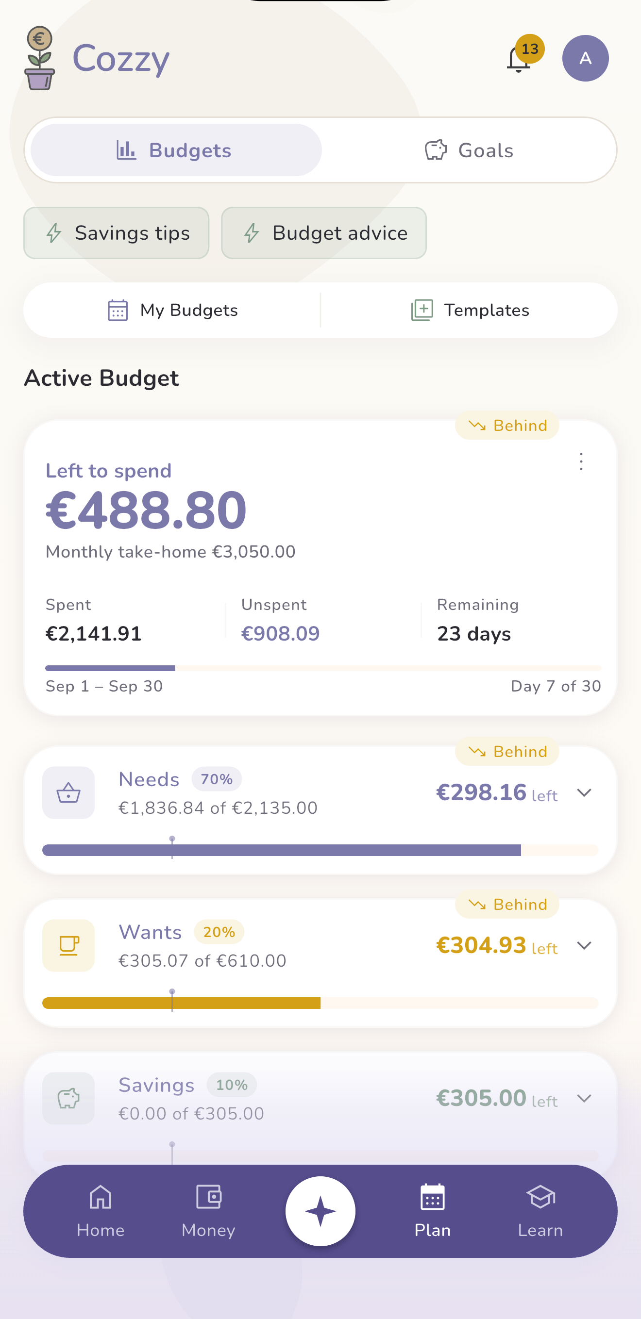 Cozzy budget tracker showing category spending limits and progress bars