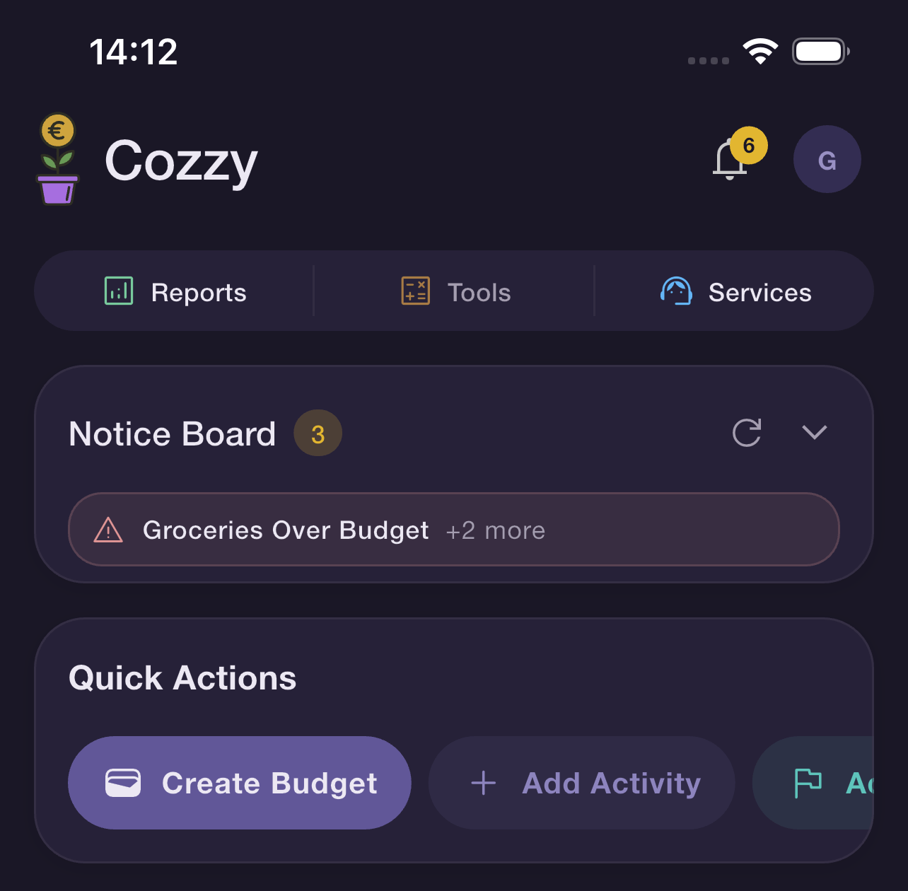 Cozzy app in dark mode showing quick actions and weekly spending