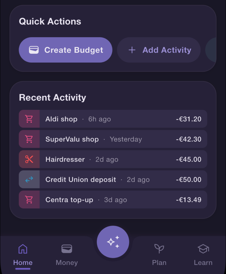 Cozzy app in dark mode showing quick actions and weekly spending