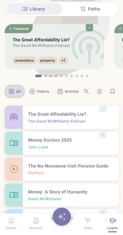 Cozzy financial education hub with podcasts, books, and articles