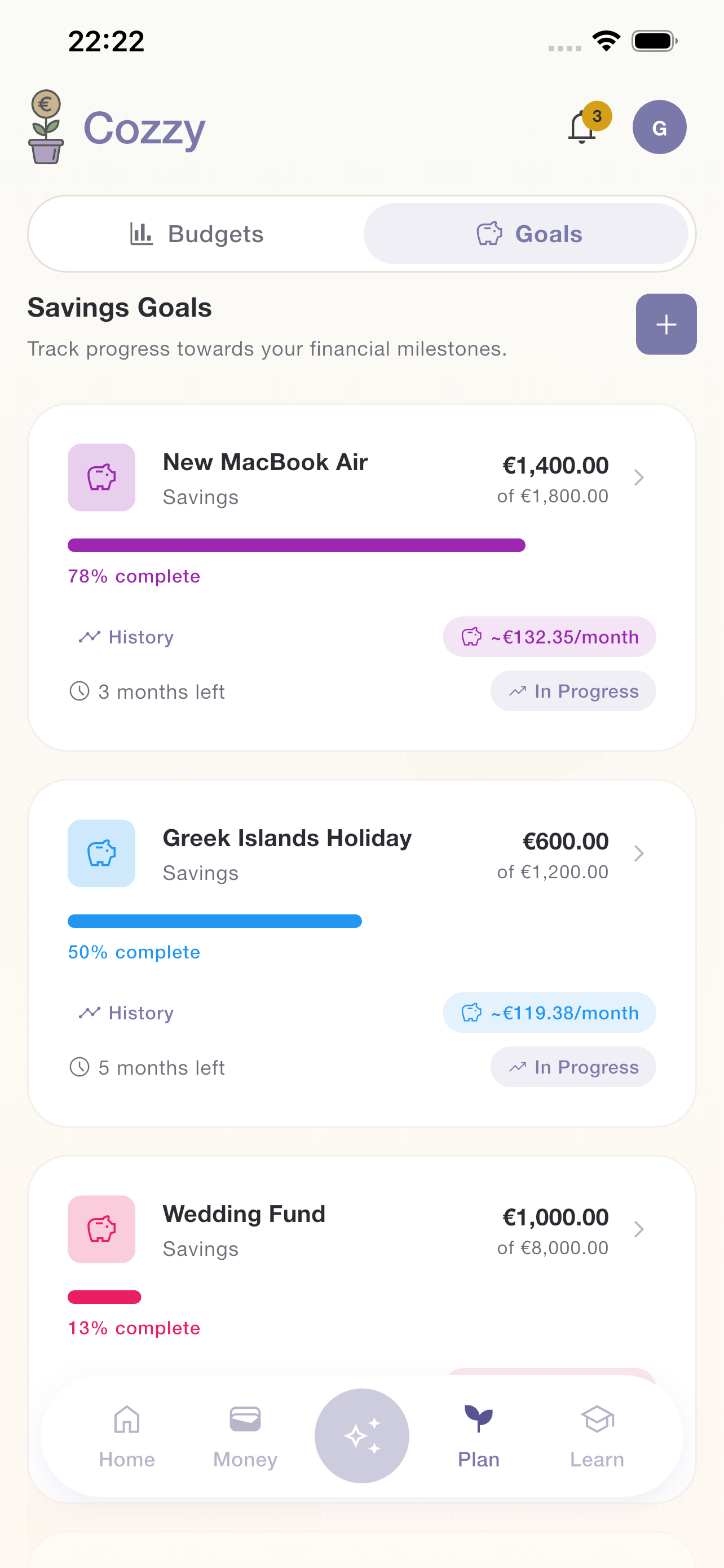 Savings goal tracking holiday to Portugal at 45% complete