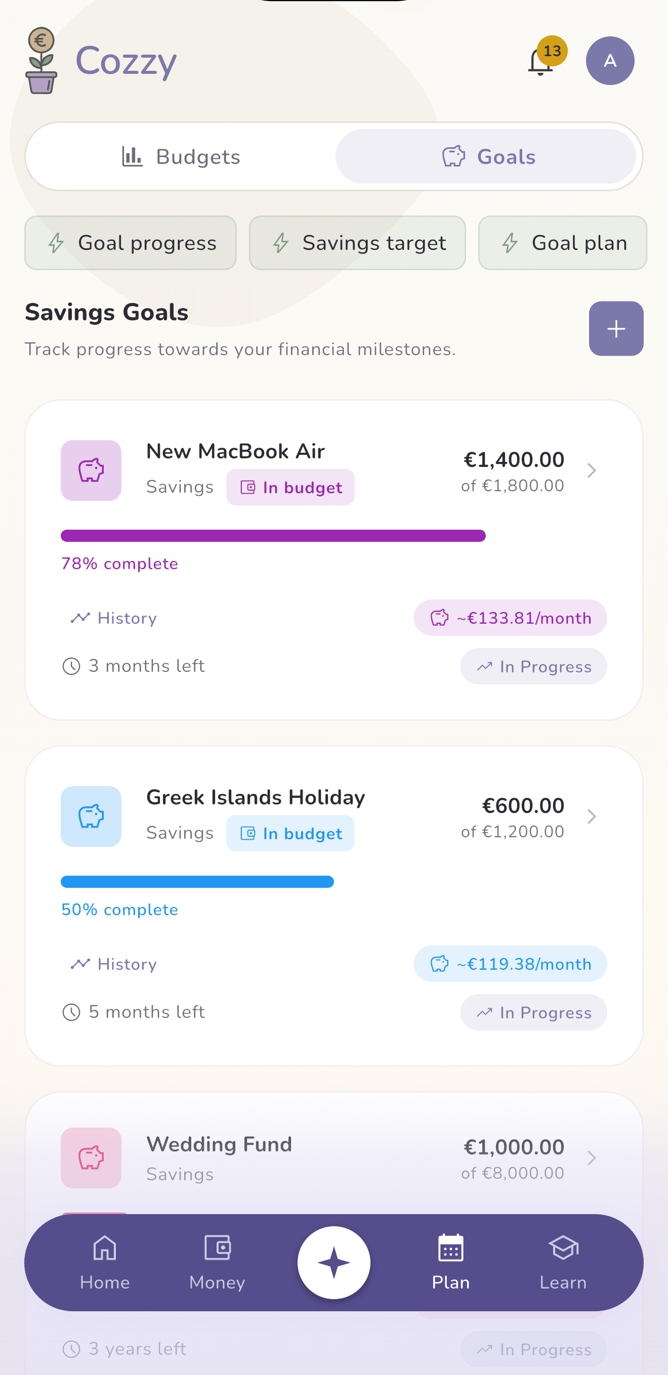 Cozzy savings goals tracker showing progress towards targets