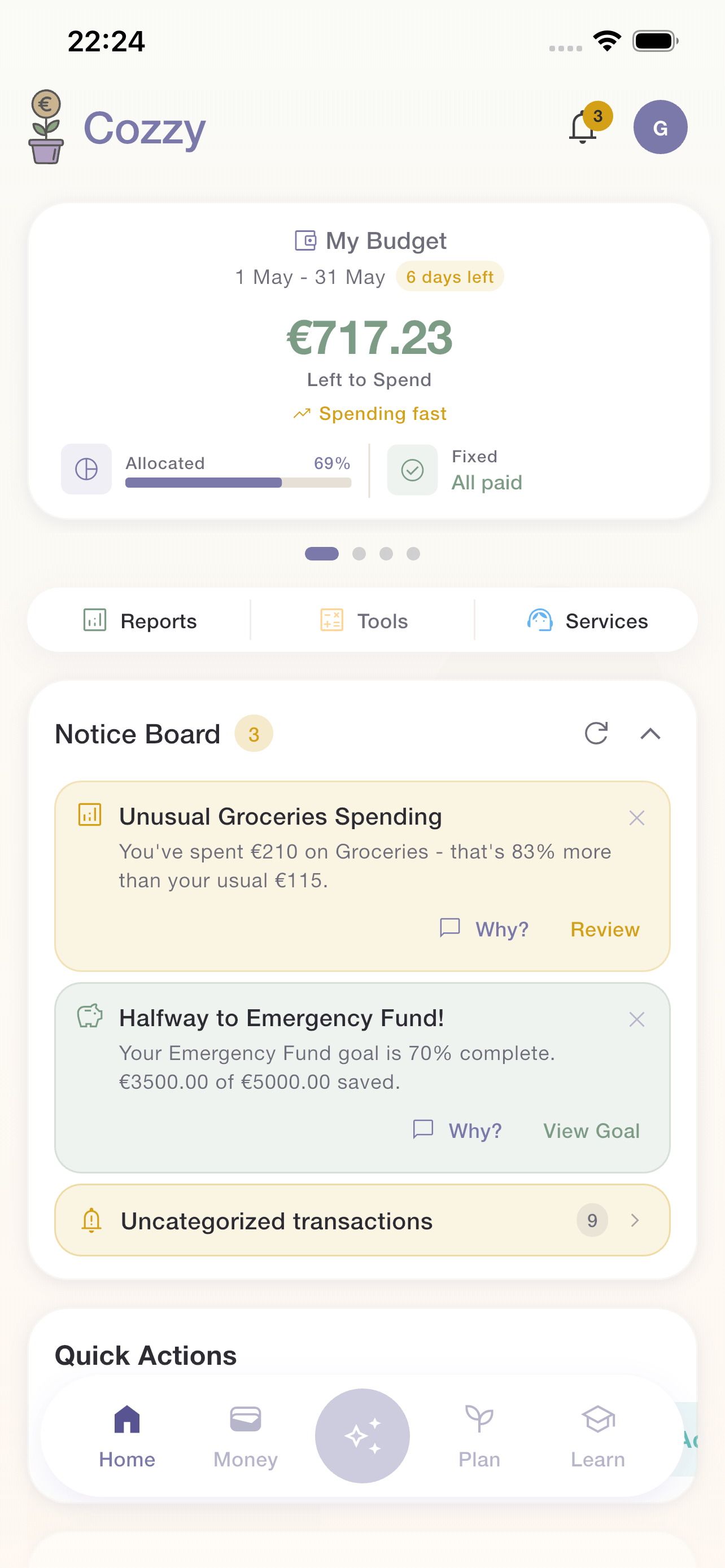 Cozzy home dashboard with monthly spending overview and recent activity