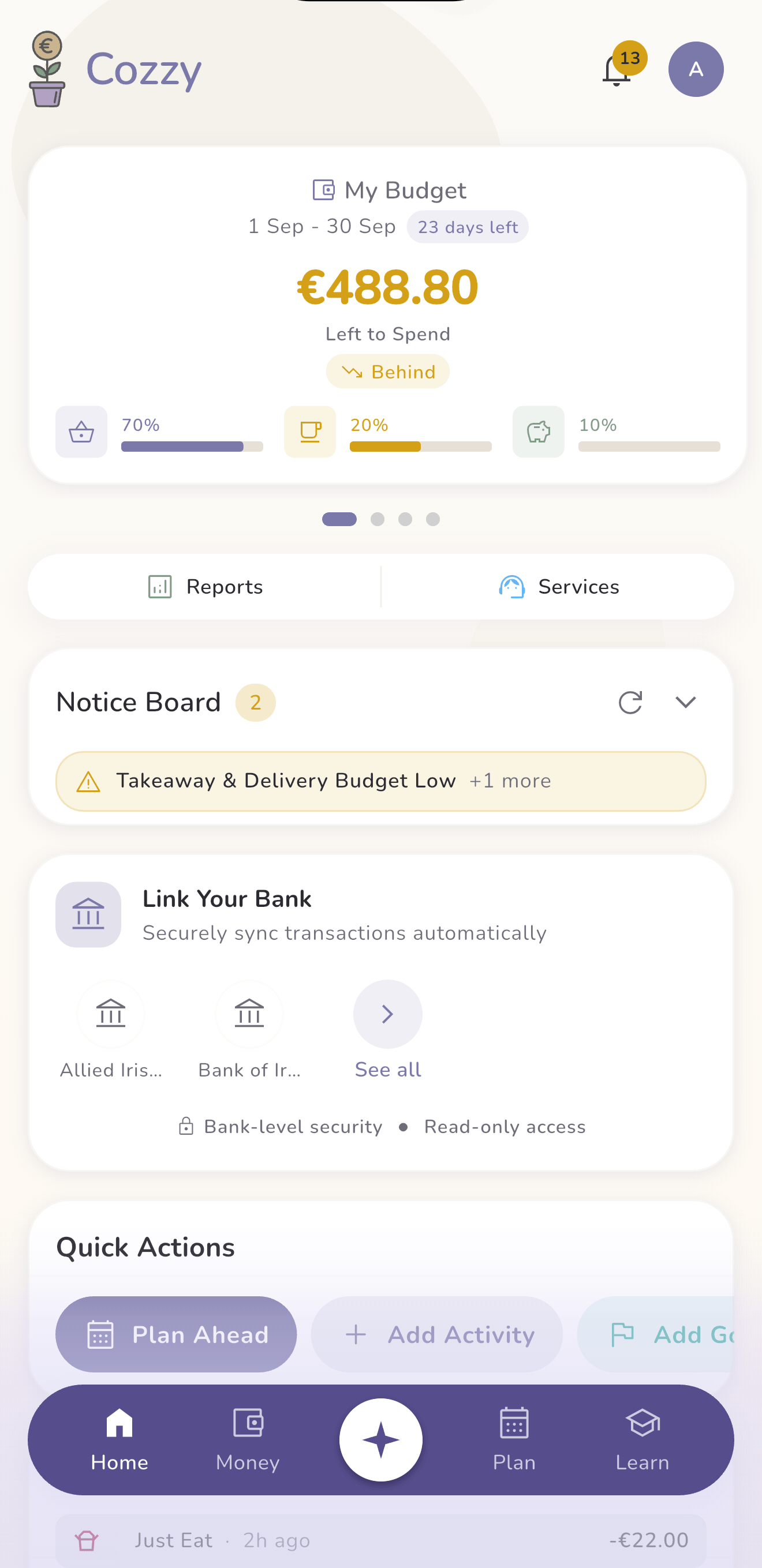 Cozzy home dashboard with monthly spending overview and recent activity