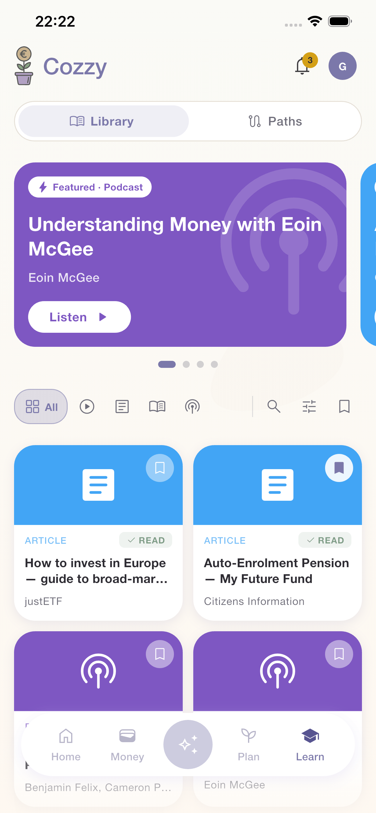 Cozzy Learn library featuring a Money Doctors 2026 book and curated finance articles