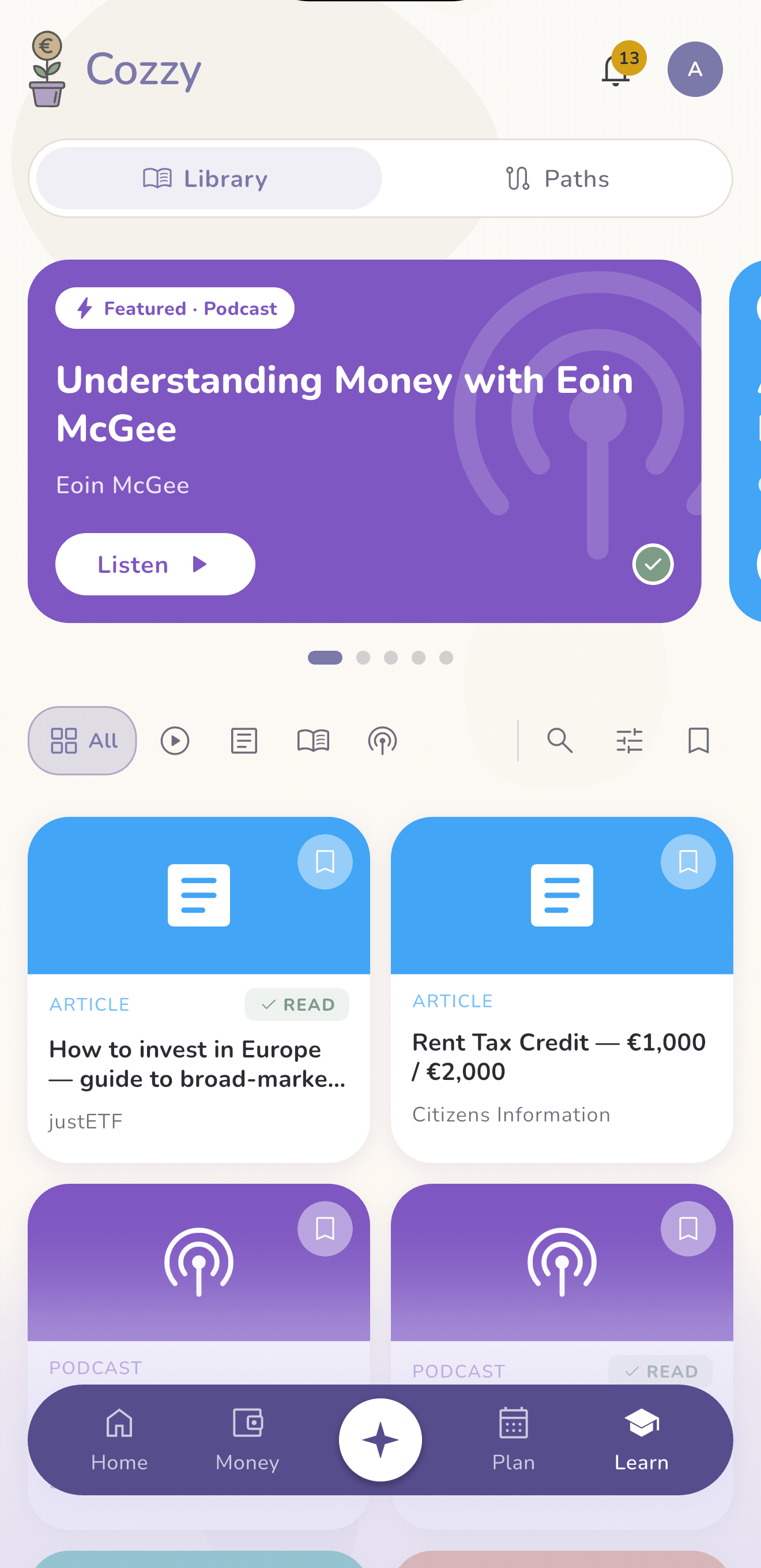 Cozzy learn library featuring curated finance books and articles