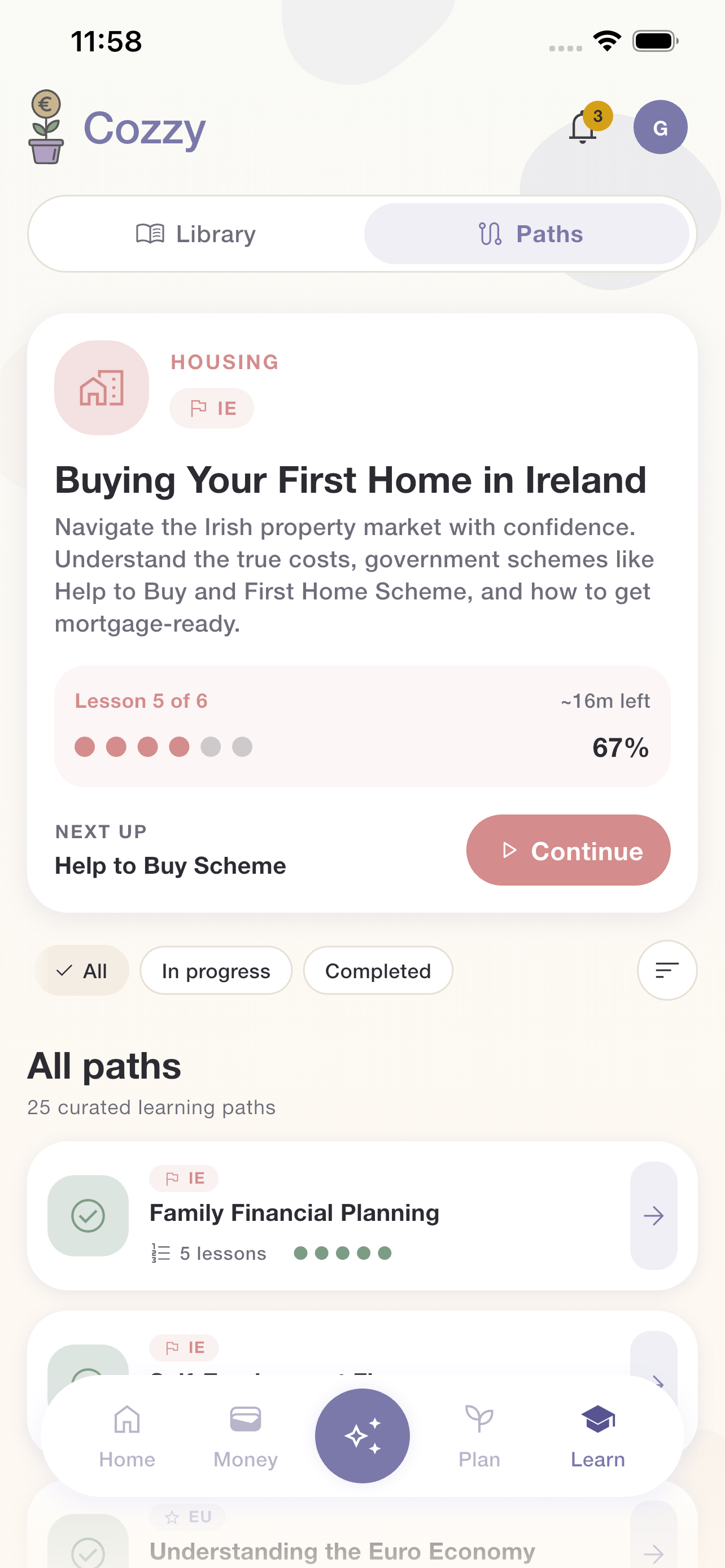 Cozzy learning paths showing a Money Foundations course in progress