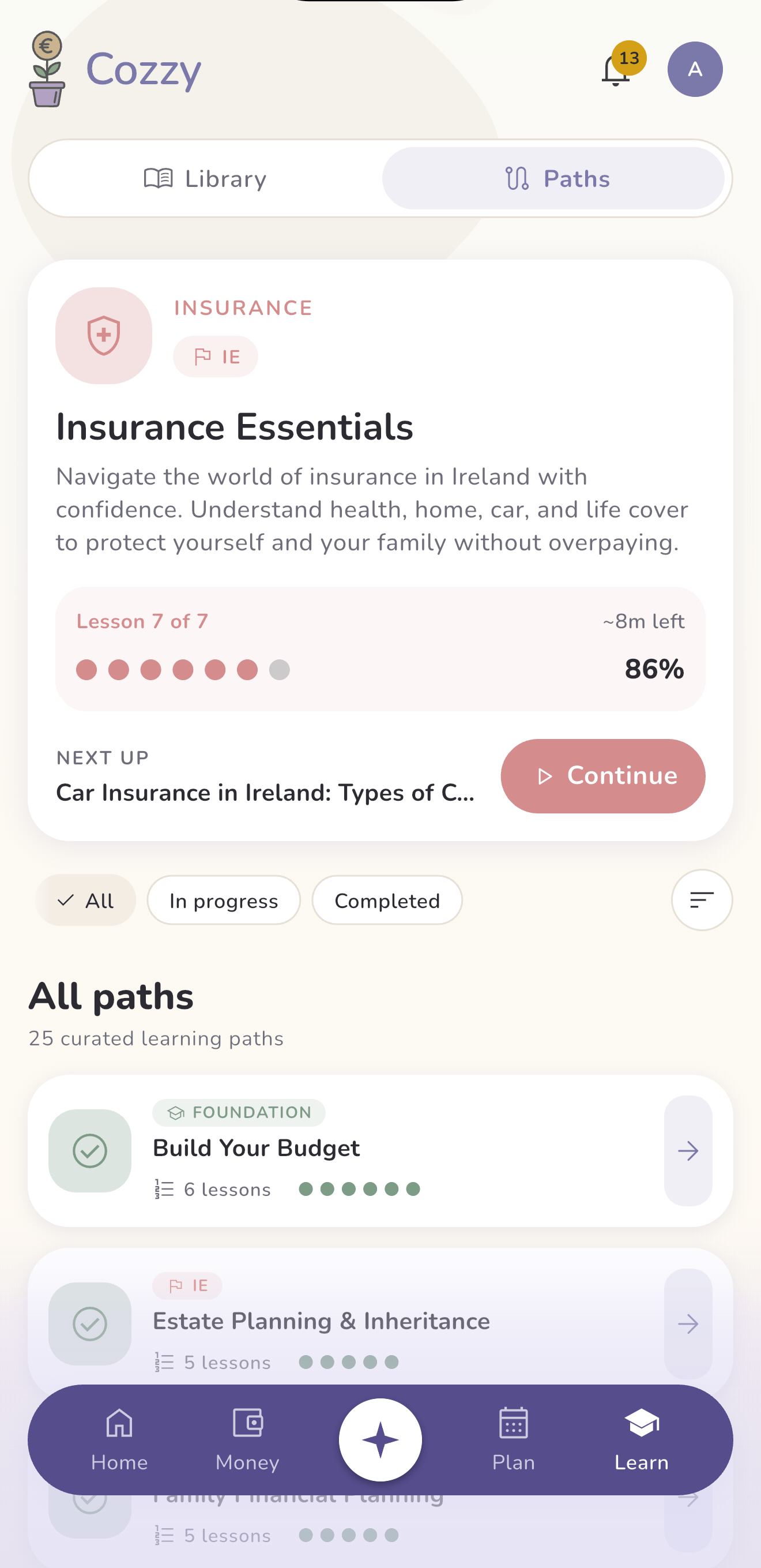 Cozzy learning paths showing a Money Foundations course in progress