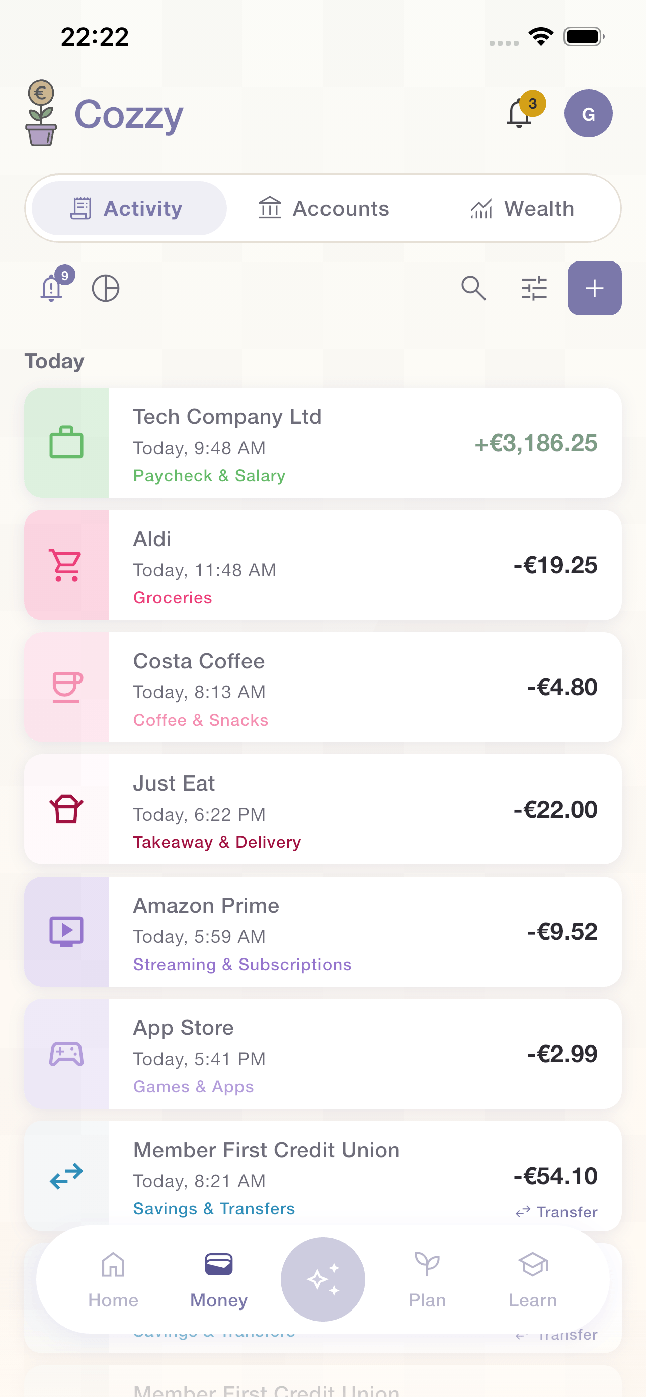 Cozzy Money tab showing recent transactions grouped by day with automatic categorisation