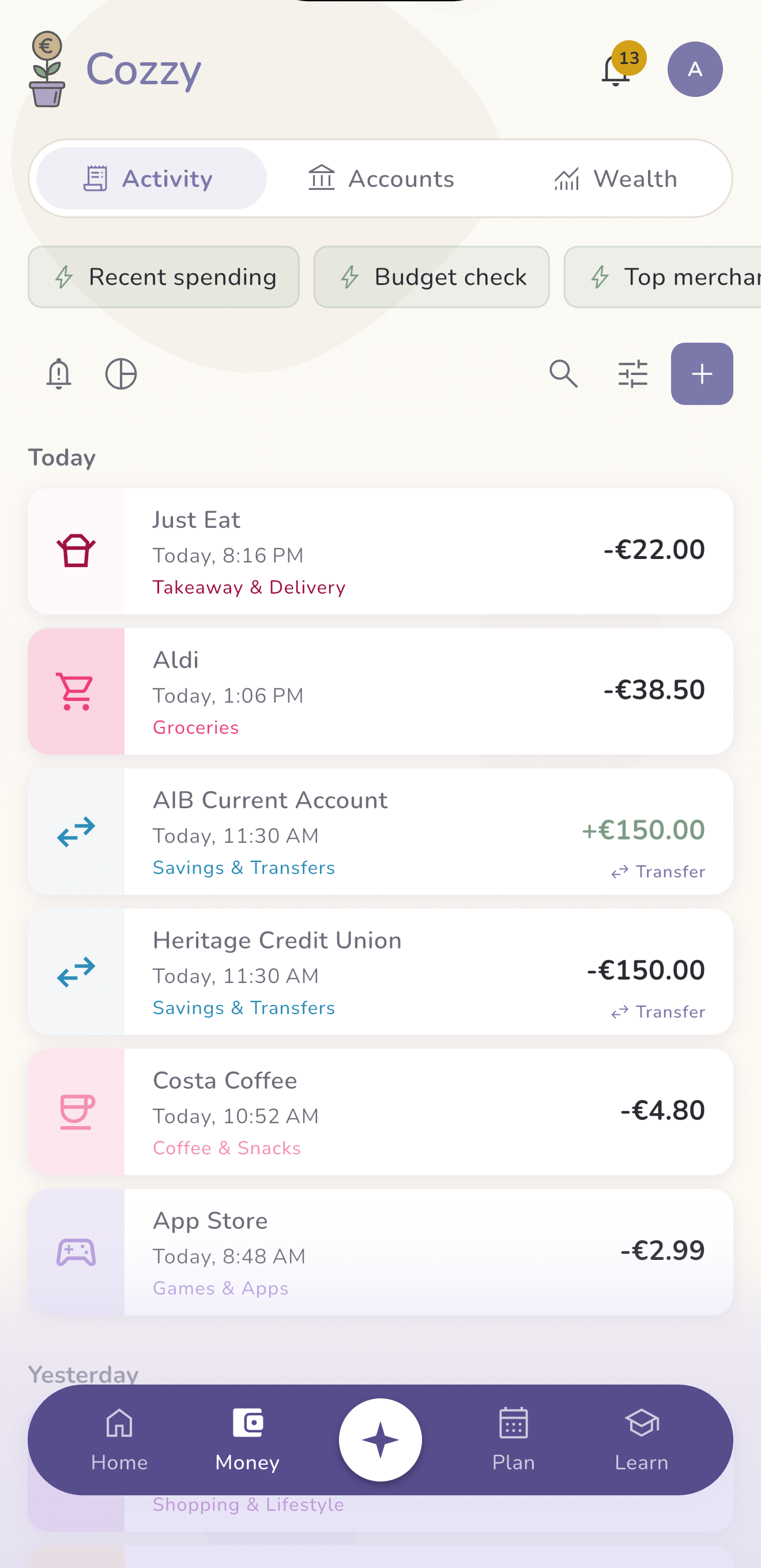 Cozzy Money tab showing recent transactions grouped by day with automatic categorisation