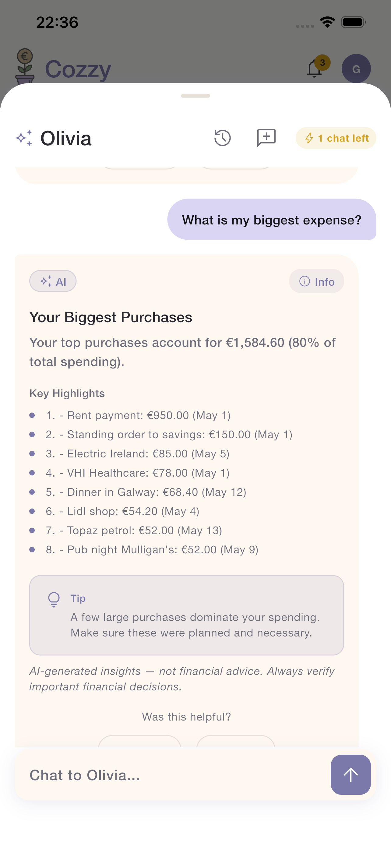 Olivia AI assistant offering personalised financial questions and insights