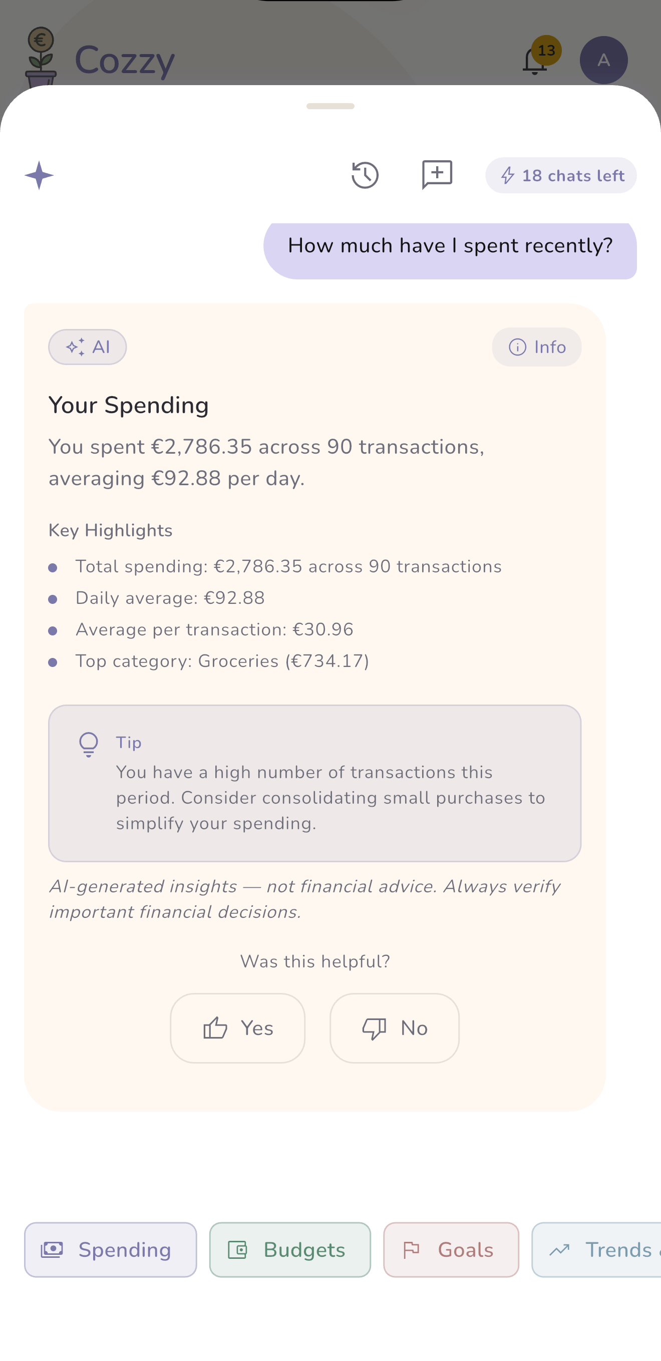 Cozzy AI financial coach providing personalised money insights