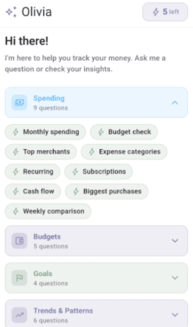 Olivia AI assistant offering personalised financial questions and insights