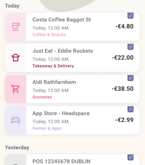 Cozzy app transaction list with automatic categorisation and colour-coded spending